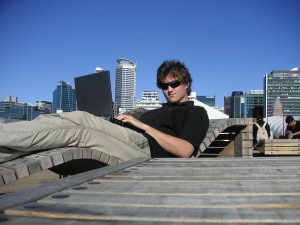 Writing a post in the harbor of Auckland